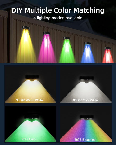 Solar Fence Lights, 50 Lumens Bright Lens LED Solar Lights Outdoor Waterproof, Warm White/Cool White/RGB Mode, Solar Lights for Fence, Deck, Wall,...