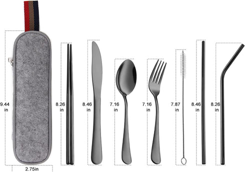 DEVICO Portable Utensils, Travel Camping Cutlery Set, 8-Piece including Knife Fork Spoon Chopsticks Cleaning Brush Straws Portable Case, Stainless...