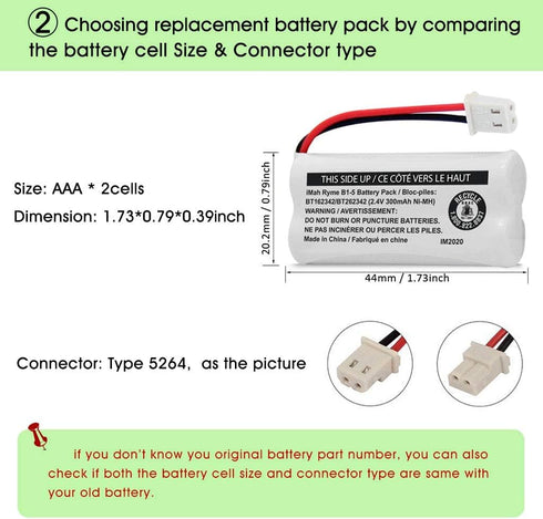 iMah BT162342/BT262342 2.4V 300mAh Ni-MH Cordless Phone Battery Pack, Also Compatible with BT183342/BT283342 AT&T EL52351 TL90070 VTech CS5119 DS6...