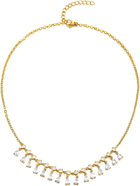 COOLSTEELANDBEYOND Gold Color Choker Bib Collar Pendant Necklace, Pear Rhinestone Crystal Cluster Charms, Wedding Dress...