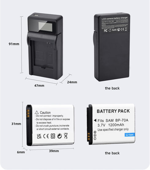 3 Pack BP-70A Replacement Batteries with Charger for Samsung BP70A BP 70A WB30F, WB35F, WB50F, DV150F, ST150F, MV800, ES65, ES67, ES70, ES71, ES73...