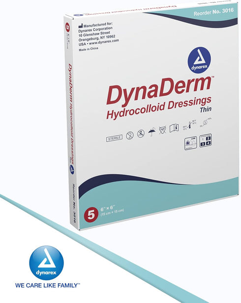 Dynarex DynaDerm Hydrocolloid Dressings, Sterile Moist Bandages Used for All Kinds of Wounds, 6" x 6", Thin & Latex-Free, Peel-Down Patches - 1 Bo...