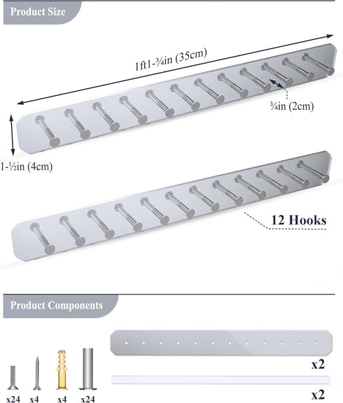 NiHome Wall Mount Acrylic Jewelry Organizer 2-Pack, Sleek Rack Strong Carbon Steel Hooks for Dressing Table, Bathroom, Kitchen, Hassle-Free Instal...