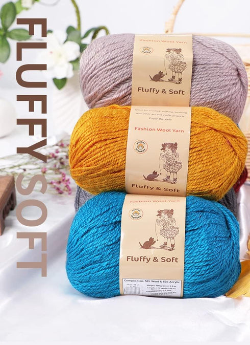 3-Pack Fluffy Wool Blend by Yonkey Monkey. Knitting Crochet DIY Art Crafts (Tan Orange 033)......