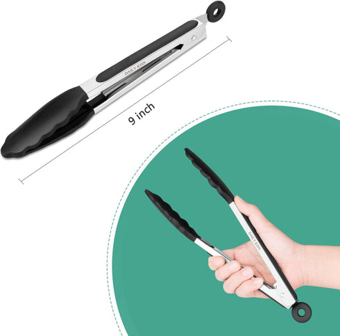 9 Inch Kitchen Tongs, Cooking Tongs with Silicone Tips and Stainless Steel Handle, Non Stick Heat Resistant Tongs for Cooking, Buffet, Salad Servi...