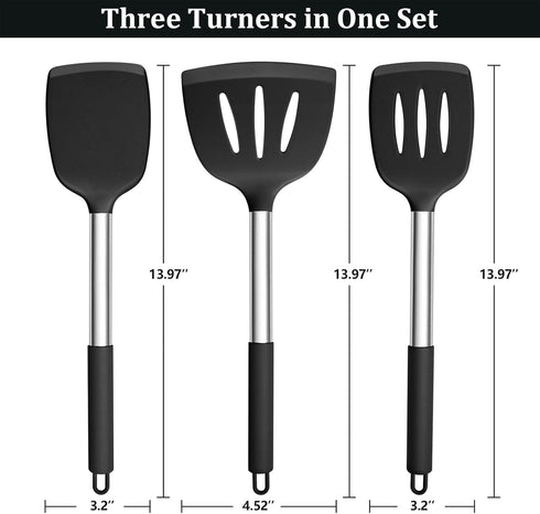 P&P CHEF Black Cooking Utensil Set of 3, Silicone Kitchen Utensils, Slotted & Solid Spatula Turners for Flipping Stir-Frying, Nonstick & Heat Proo...