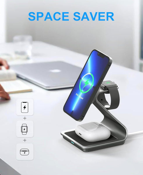 3 in 1 Wireless Charger for MagSafe, Aluminum Alloy Wireless Charging Station, Compatible with iPhone 14/13/12, Apple Watch, AirPods Pro/3/2 (Cabl...
