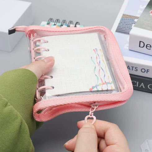 Clear A7 Binder Wallet with Zipper, Pink 6 Ring Glitter Budget Binder Loose Leaf Zip Up Binder Cover for Cash Envelopes System, Photocard Album, J...