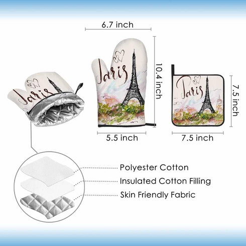 Paris Oven Mitts and Pot Holders Sets Eiffel Tower Pink Romantic City Heat Resistant 3pcs for Cooking Baking BBQ...