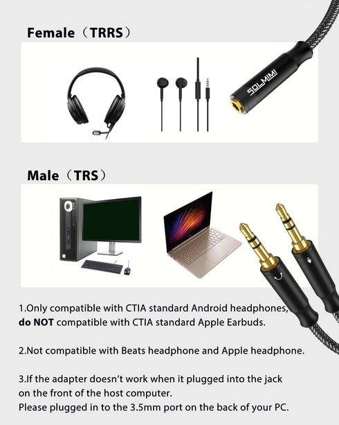 Headset Splitter Cable for PC 3.5mm Crystal-Nylon Braid 3.5mm Female to Dual 3.5mm TRS Male Headphone Mic Audio Y Splitter Cable CTIA Gaming Heads...