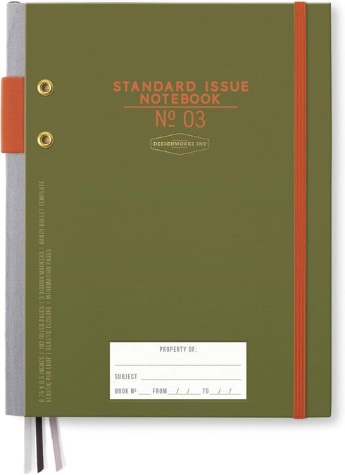 DesignWorks Ink Standard Issue Army Green and Chili Planner Notebook No. 3 Journal with 192 Lined Pages, Elastic Closure, Pen Holder, and 3 Ribbon...