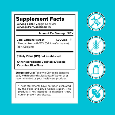 Coral Calcium Powder 1000mg Capsules for Overall Health, Bone Health, PH Level Balance, Trace Minerals Support - 120 Veggie Capsules - Non-GMO & G...