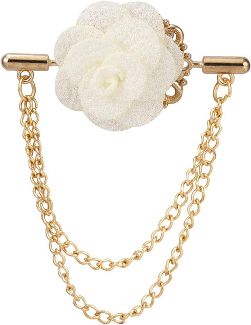 White Flower with Double Hanging Chain Lapel Pin Brooch...