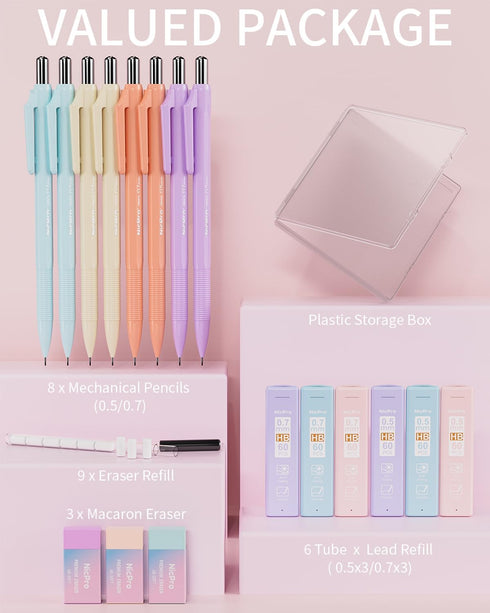 Nicpro 18PACK Aesthetic Mechanical Pencils Set, Cute Pencils 0.5mm & 0.7mm with 360PCS Lead Refill, Erasers for Student Writing & Drafting & Sketc...
