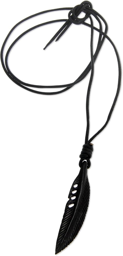 NOVICA Artisan Handcrafted Crow Feather Necklace | Men's Leather Pendant Necklace | Cord Necklace with Carved Pendant | Leather Adjustable Necklac...