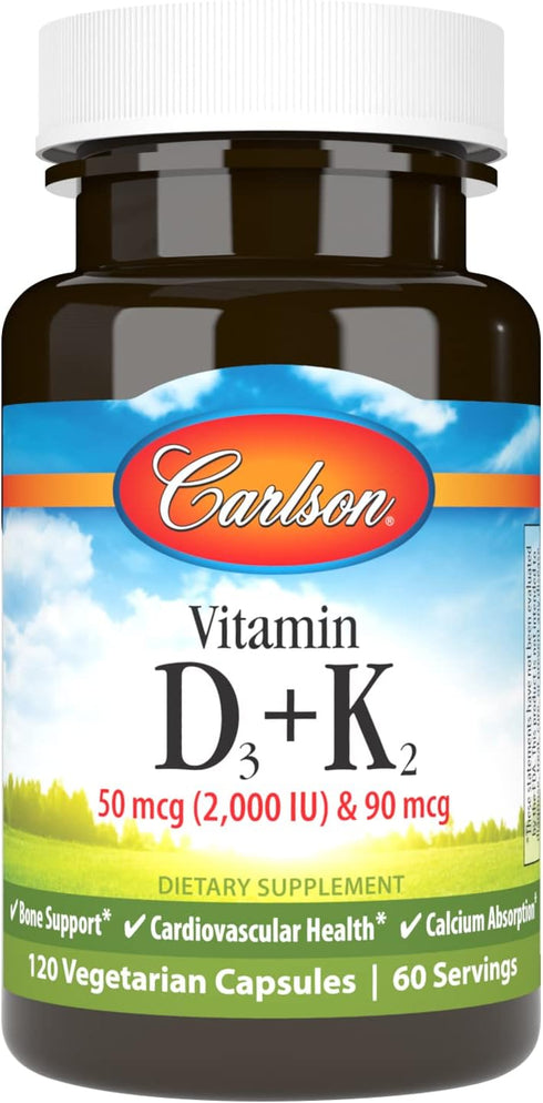 Carlson - Vitamin D3 + K2, 50 mcg (2000 IU) Vitamin D3 & 90 mcg Vitamin K2 as MK7, Bone Support, Calcium Absorption, 120 Capsules...