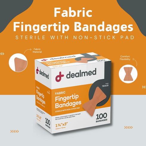 Dealmed Fabric Fingertip Flexible Adhesive Bandages – 100 Count (1 Pack) Bandages with Non-Stick Pad, Latex Free, Wound Care for First Aid Kit, 1 ...