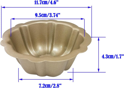 Carbon Steel Mini Bundt Cake Pans, 4 Inch Metal Nonstick Fluted Cake Pan, 4Pcs Kugelhopf Mould for Baking Buntcake Bundtlet Bavarois Cupcake Brown...