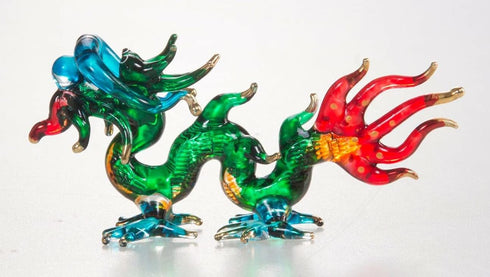 Tiny 3¼" Green Blue Red Chinese Asian Dragon Figurine - Miniature Hand Blown Glass Painted Dragons Mythical Creature Animals Crystal Decorative Co...