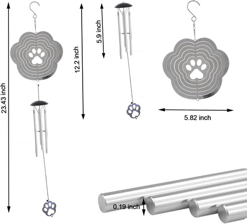 Paw Print Wind Chimes for Outside with Wind Spinners,Hanging Decor for Garden Patio Backyard Porch,Dog Cat Pawprint Memorial Windchimes,Gifts for ...