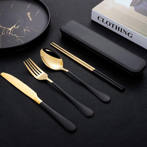 Black Portable Flatware Cutlery Set, TWUTGAYW Stainless Steel Travel Utensils with Case, Reusable Chopsticks Knife Spoons and Forks Set, Gold Camp...