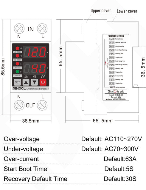 DIHOOL Smart Circuit Breaker with Adjustable Current, 110V 240V Voltage Protector high or low voltage cutoff protection device...