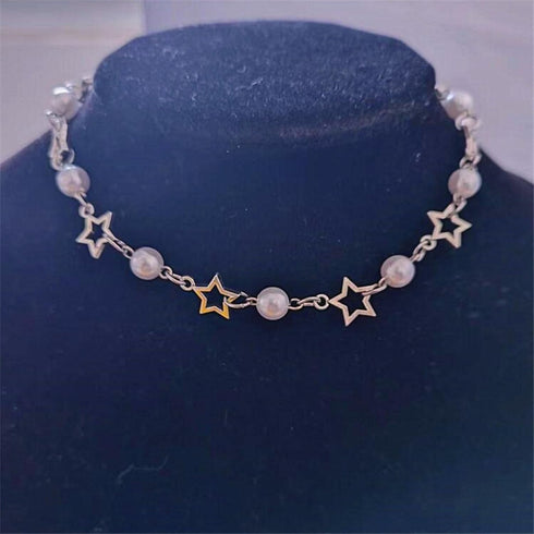 Vintage Y2K Star Pearl Double Layer Beaded Chain Adjustable Aesthetic Necklace Bracelet Grunge Punk Cool Retro Dainty Friendship Cute Jewelry Set ...