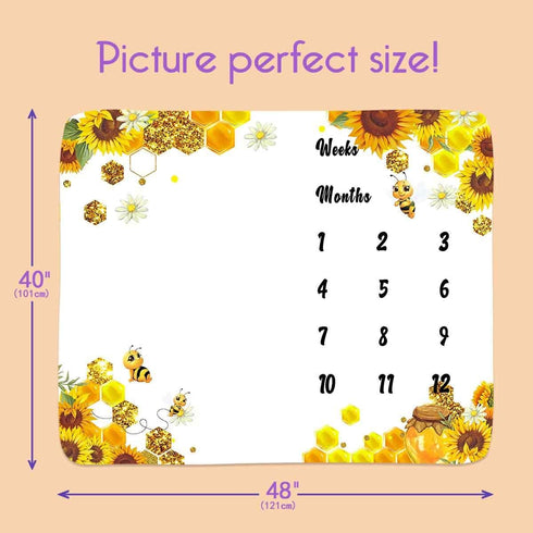 Baby Monthly Milestone Blanket| Sunflower Bee Honeycomb Golden Honey Pot | Newborns 1 to 12 Months Unisex Include 4 Frames and 1 Headband 48"x40" ...