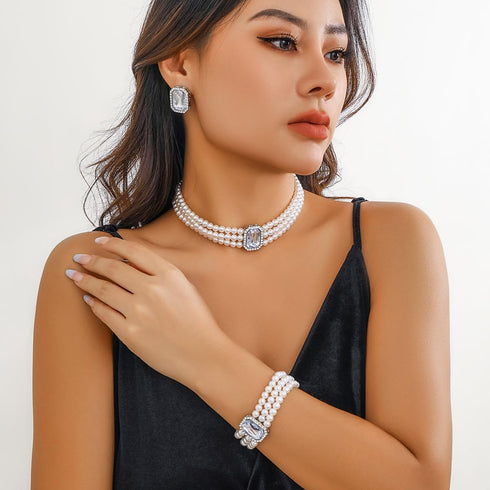 Pearl Earrings Necklace Bracelet Set for Women Girls Wedding Rhinestone Crystal Pearl Jewelry Set Bride Bridesmaid Dainty Jewelry Gift for Women G...