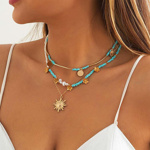 Boho Layered Sun Necklaces Gold Neck Chain Turquoise Necklaces Chains Pearl Pendant Necklace Jewelry Summer Beach Necklace Accessories for Women...