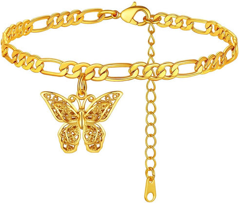 FindChic Butterfly Anklets for Women, 8.5'' to 10.5inch Dainty 18K Gold Plated Cute Charm Figaro Chain Ankle Bracelets Barefoot Jewelry...
