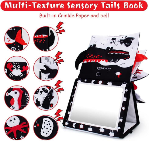 Tummy Time Mirror, Baby Tummy Time Toys with Soft Book, Black and White High Contrast Baby Toys, 3D Activity Sensory Montessori Toys Crawling Mat...