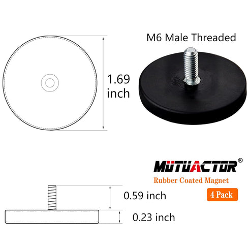 MUTUACTOR Neodymium Rubber Coated Magnet,4pack Heavy Duty Magnets M6 Male Thread Stud,Dia.1.69" Anti-Scratch Mounting Magnets for Fixing Lights, C...