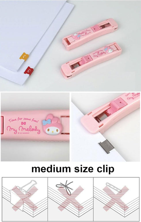 Clamp Clip Dispenser Stapler Cute Animal Faced Reusable Mymelody Clip Dispenser/Portable Handheld Paper 3 Metal Refill Clips Pink Rabbit...