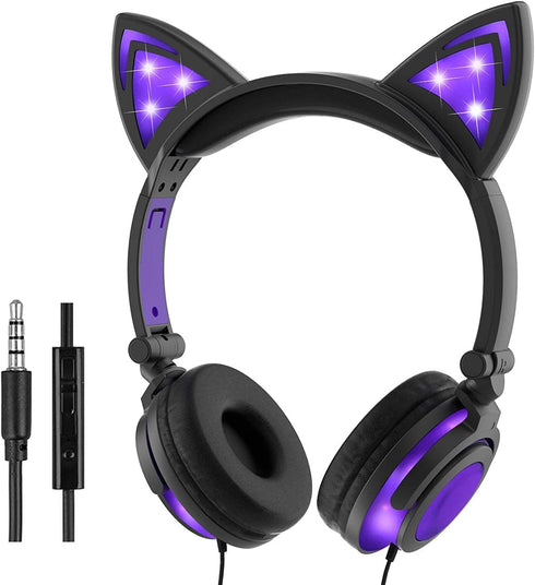 Kids Headphones with light up cat ears On Ear LED Kitty Headphones with Mic for Kids Boys Girls Children Wired Headset for School Learning Tablet ...