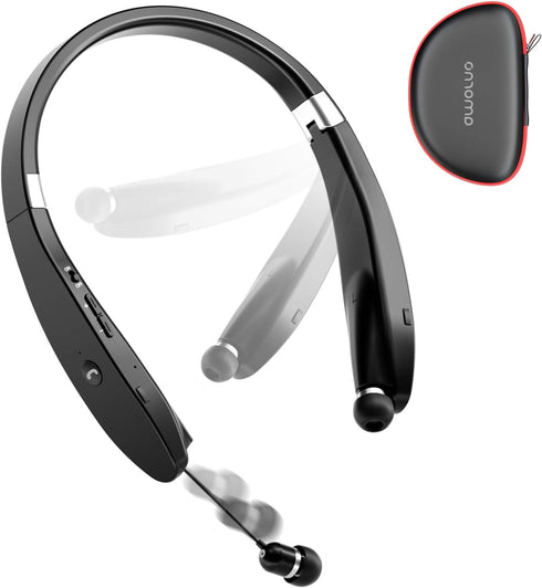 AMORNO Foldable Bluetooth Headphones Wireless Neckband Headset with Retractable Earbuds, Sports Sweatproof Noise Cancelling Stereo Earphones with ...