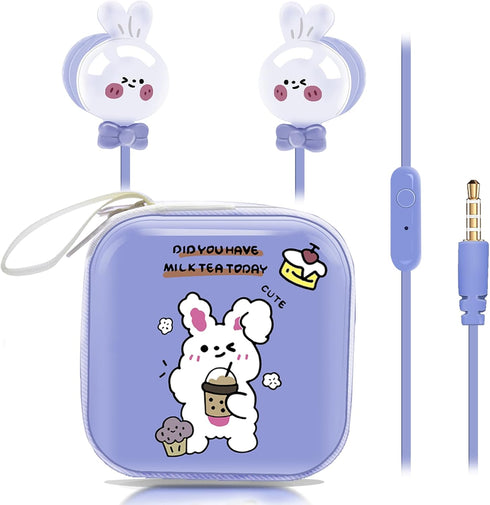 Cute Rabbit Kids Earbuds, Earbuds for Kid Size Wired Earphones & in-Ear Headphones with Microphone and Lovely Earbuds Storage Case Gifts for Schoo...