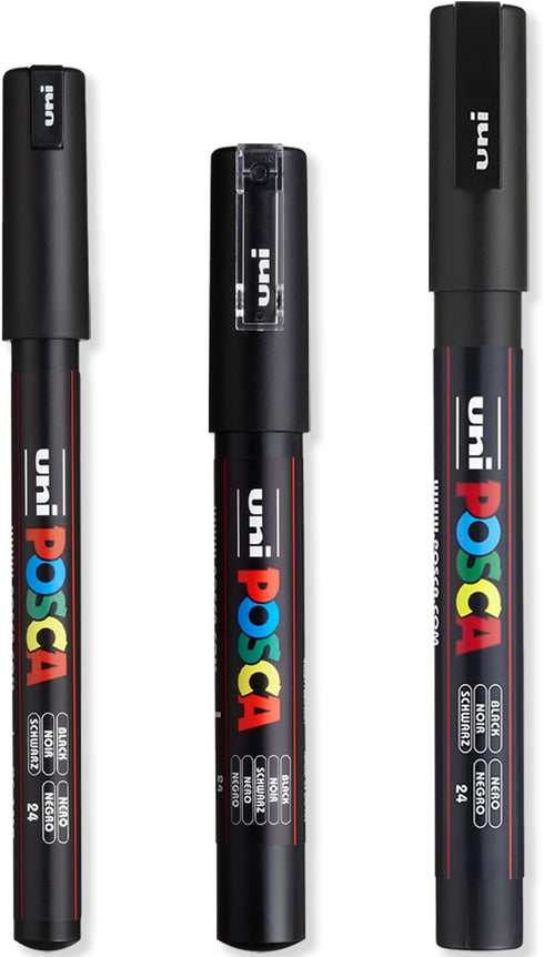 Posca - Ultra Fine to Fine Paint Marker Pens Set - PC-1MR, PC-1M, PC-3M - Black Ink - Pack of 3...