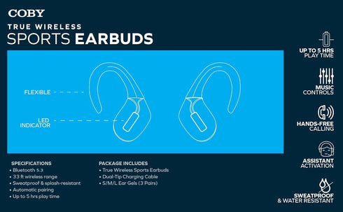 Coby True Wireless Sports Ear Buds with Over Ear Hooks | Wireless Bluetooth Earbuds | Sweatproof and Splash-Resistant | Headphones with Microphone...