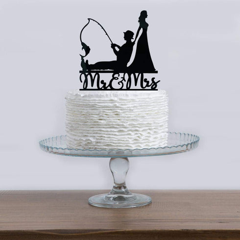 Fishing Wedding Cake Topper, Funny Bride and Groom Cake Decoration, Fishing Theme Wedding/Engagement/Bridal Shower/Anniversary Cake Decoration...