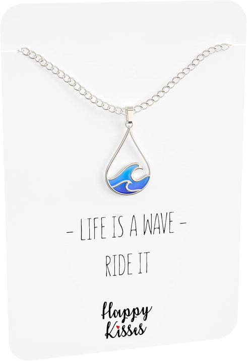 Silver Wave Necklace - Beach Jewelry for Surfers and Sea Lovers - Motivational Drop Shape Pendant with Gift Message Card...