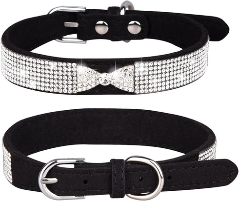 Haoyueer Rhinestone Dog Collar, Cute Dazzling Sparkling Soft Suede Leather Dog Cat Rhinestone Collar Crystal Diamond Pet Dog Puppy Collar (S, Blac...