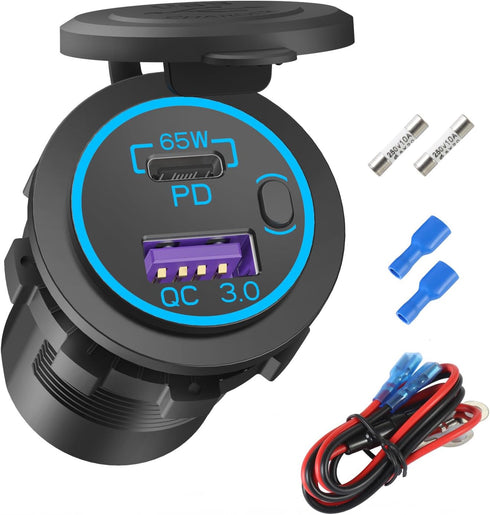 Boostable 12V USB C Outlet 65W PD3.0 Port and 18W Quick Charge 3.0 Car USB Charger Socket for Laptops Tablets Phones, Waterproof 12V/24V Socket wi...