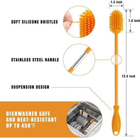 Silicone Bottle Cleaning Brush with Long Handle,12.5" Water Bottle Cleaner for Baby Bottles, Hydro Flask, Sports Bottle, Vase, Glassware, Perfect ...