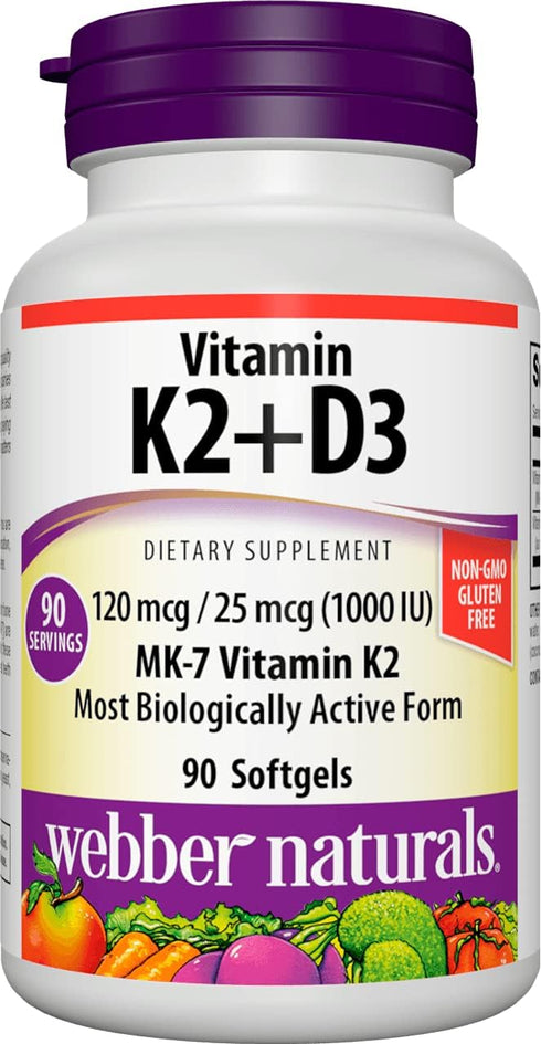 Webber Naturals Vitamin K2 MK-7 (120 mcg) with Vitamin D3 (1,000 IU), 90 Softgels, Supports Bones, Teeth, and Cardiovascular System, Vitamin Suppl...