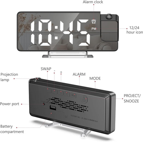 Projection Alarm Clock for Bedroom, Digital Clock with 180° Rotatable Projector, 7.9'' Large Display LED Alarm Clock with Temperature, Snooze, Adj...