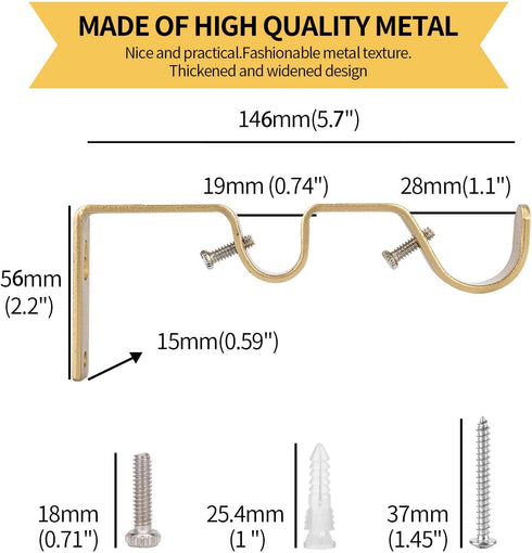 Ycolnaefllr Set of 3 Golden Double Rod Holders Double Curtain Rod Brackets Heavy Duty Double Curtain Rod Hanging Brackets for 1 and 0.7 -Inch Rod...