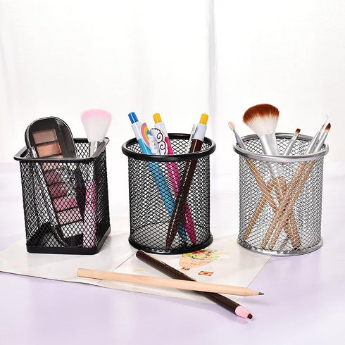 AKOAK 1 Count Desktop Pen Holder, Creative Grid Metal Pen Holder, Round Desktop Accessory and Workspace Organizer for Home, School and Office (Sil...