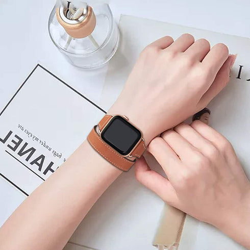 Bestig Bands Compatible with Apple Watch Band 49mm 46mm 45mm 44mm 42mm(Series 3 2 1) Women Men, Genuine Leather Double Tour Slim Strap for iWatch ...