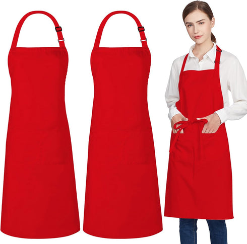 2 Pack 100% Cotton Aprons with 2 Pockets Cooking Chef Kitchen Adjustable Bib Apron for Women Men, Red...